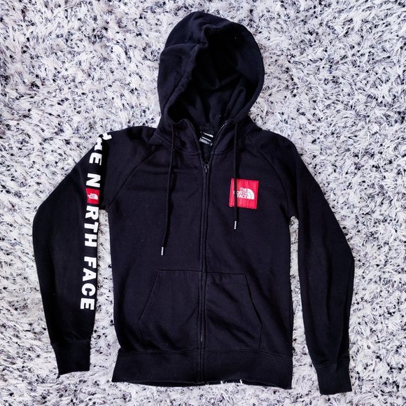 The North Face Red Box Patch Black & Red Zip Up Hoodie Unisex - Picture 2 of 11